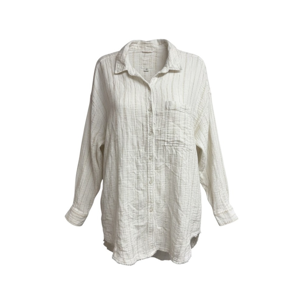 Aerie White Gold Metallic Striped Gauze Button Down Shirt Oversized Large